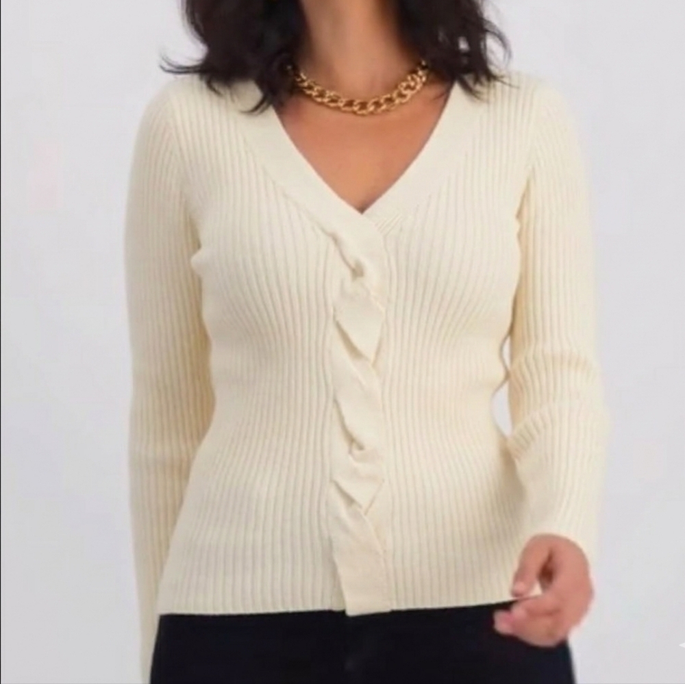 I.N.C. International Concepts Women's Ribbed Cable Knit V-Neck Sweater XS Ivory